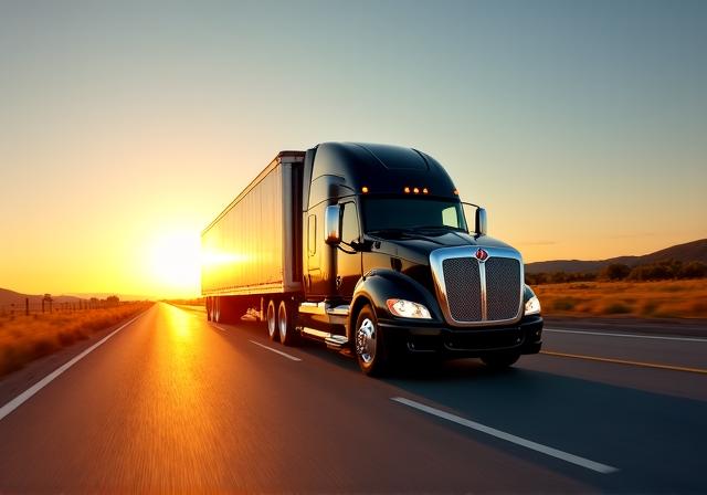 A modern logistics truck on a highway at sunrise