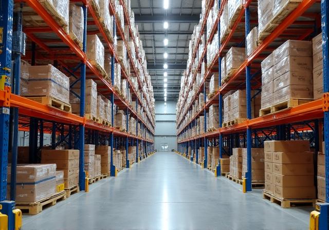 Modern logistics warehouse interior with organized racking